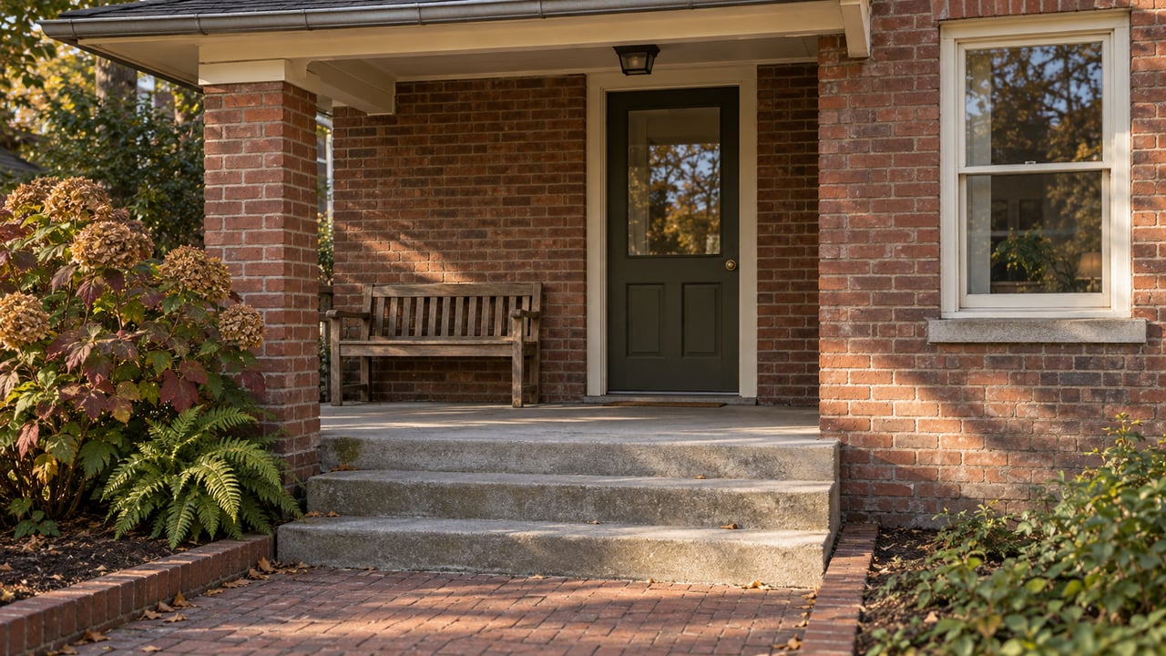 Afternoon light on an aged red-brick home's covered porch, olive wood door, concrete steps and oakleaf hydrangea.