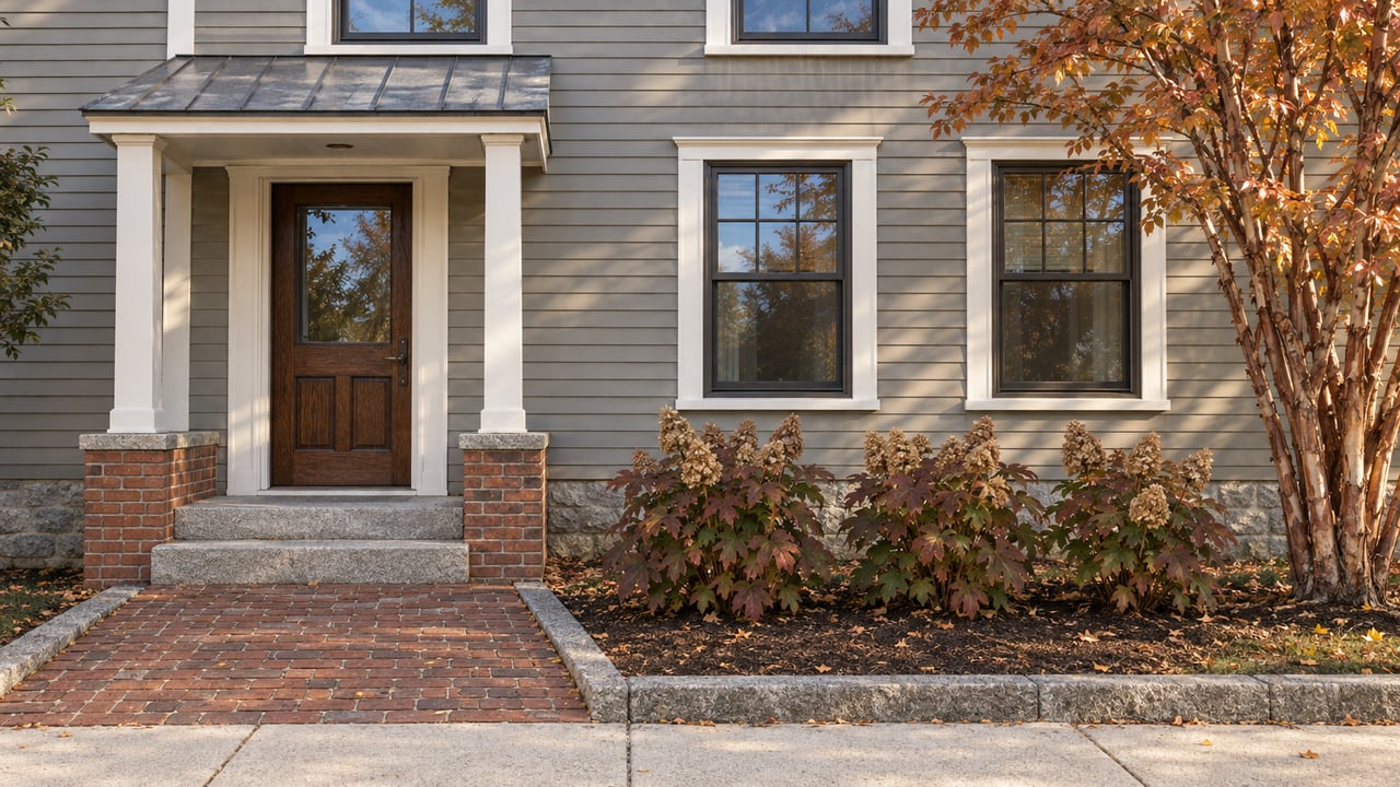 Clapboard multi-unit residence with a glazed oak entry, granite steps, brick approach and autumn planting.