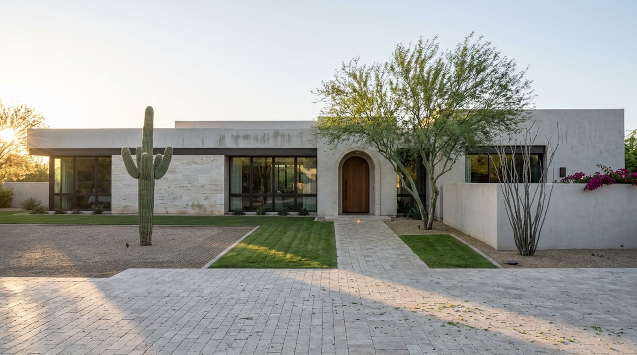 Single-story stucco estate with bronze-framed windows, an arched wood entry, and a tall saguaro in the desert landscaping.