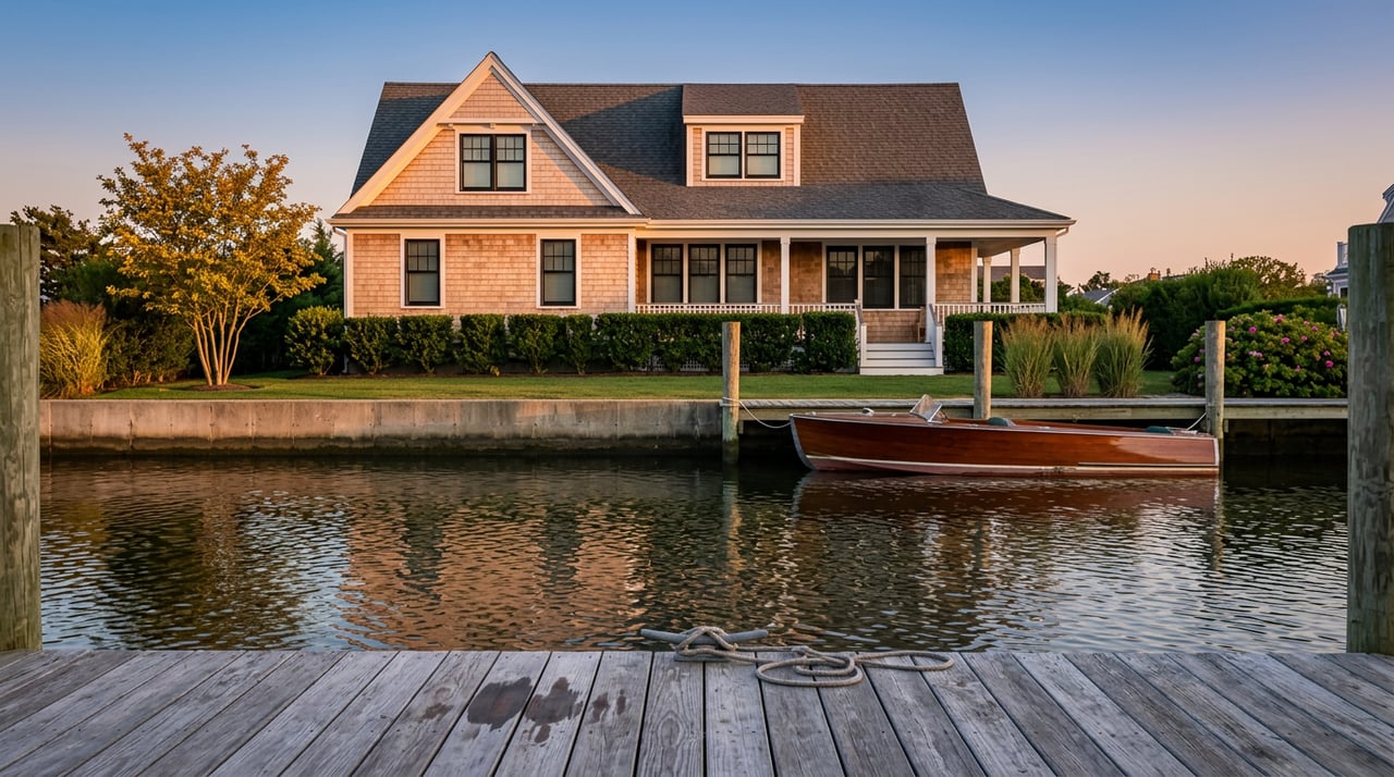 A weathered dock with a tied wooden runabout faces a shingle-sided home across rippled water.