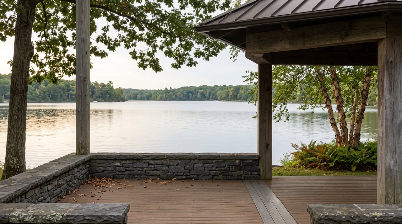 Stone and timber pavilion frames calm lake water and a wooded far shore, with oak leaves overhead and birch at the edge.