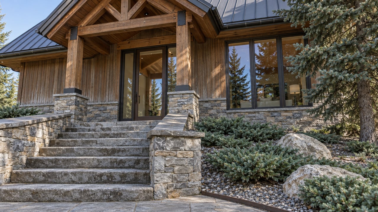 Timber-and-stone home with a steep metal gable, glazed entrance and broad stone steps beside a mature spruce.