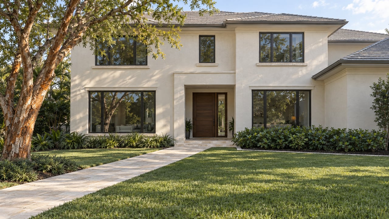 Ivory stucco home behind a deep lawn, with bronze-framed windows, a limestone entry walk and a copper-barked specimen tree.
