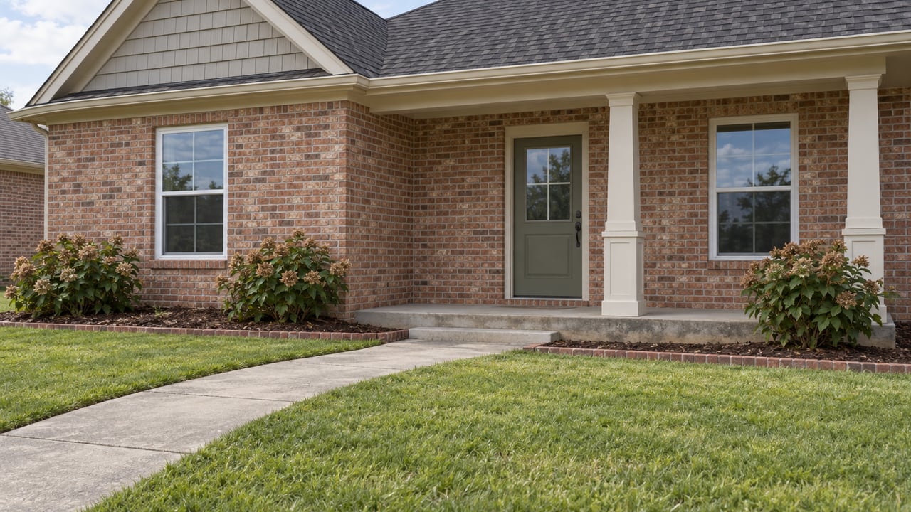 Brick single-story home with a covered front porch, sage entry door, broad green lawn and oakleaf hydrangeas in an edged foundation bed.