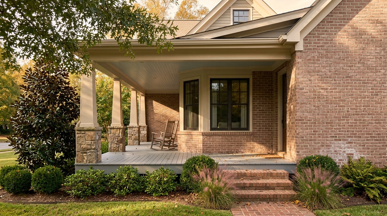 Brick Craftsman porch with tapered columns, a rocking chair, brick steps, and pink muhly grass in autumn plume.