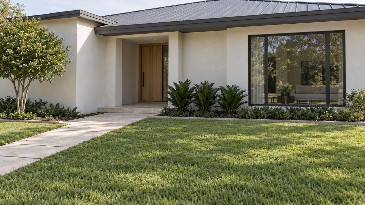 Contemporary stucco home with a recessed entry, limestone walkway, broad lawn, and three porch-side cycads.