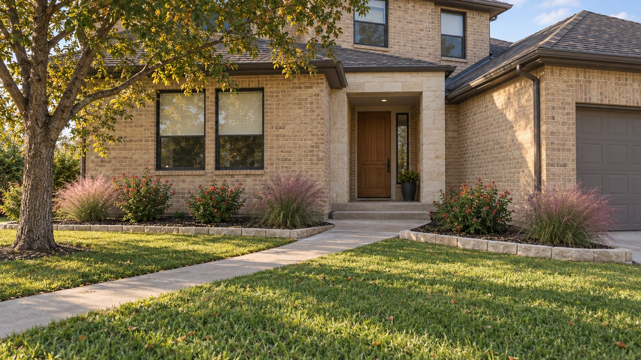 Buff-brick suburban home with a recessed limestone entry, broad lawn, mature oak and pink grass seedheads in late-afternoon light.