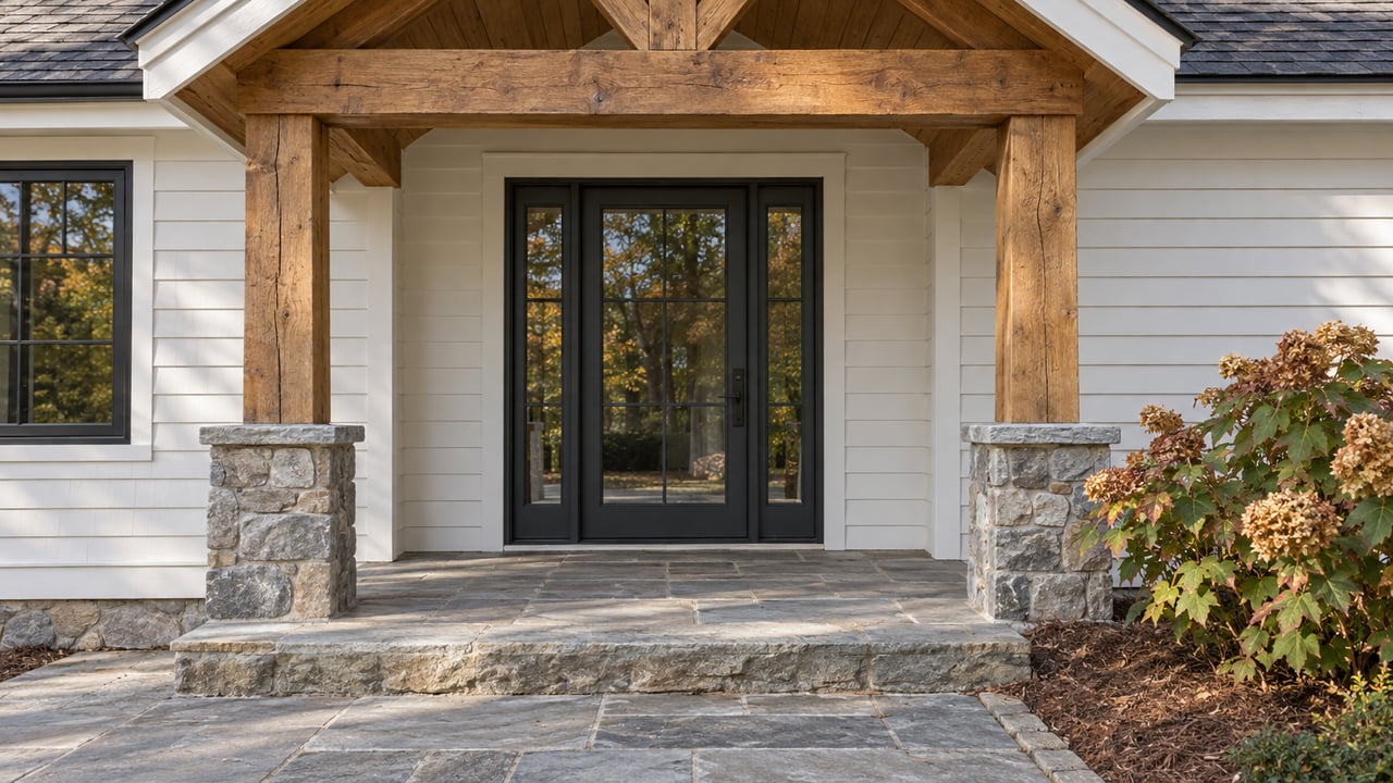 Covered home entry with weathered oak posts, white siding, a glazed charcoal door, gray flagstone steps and oakleaf hydrangeas.