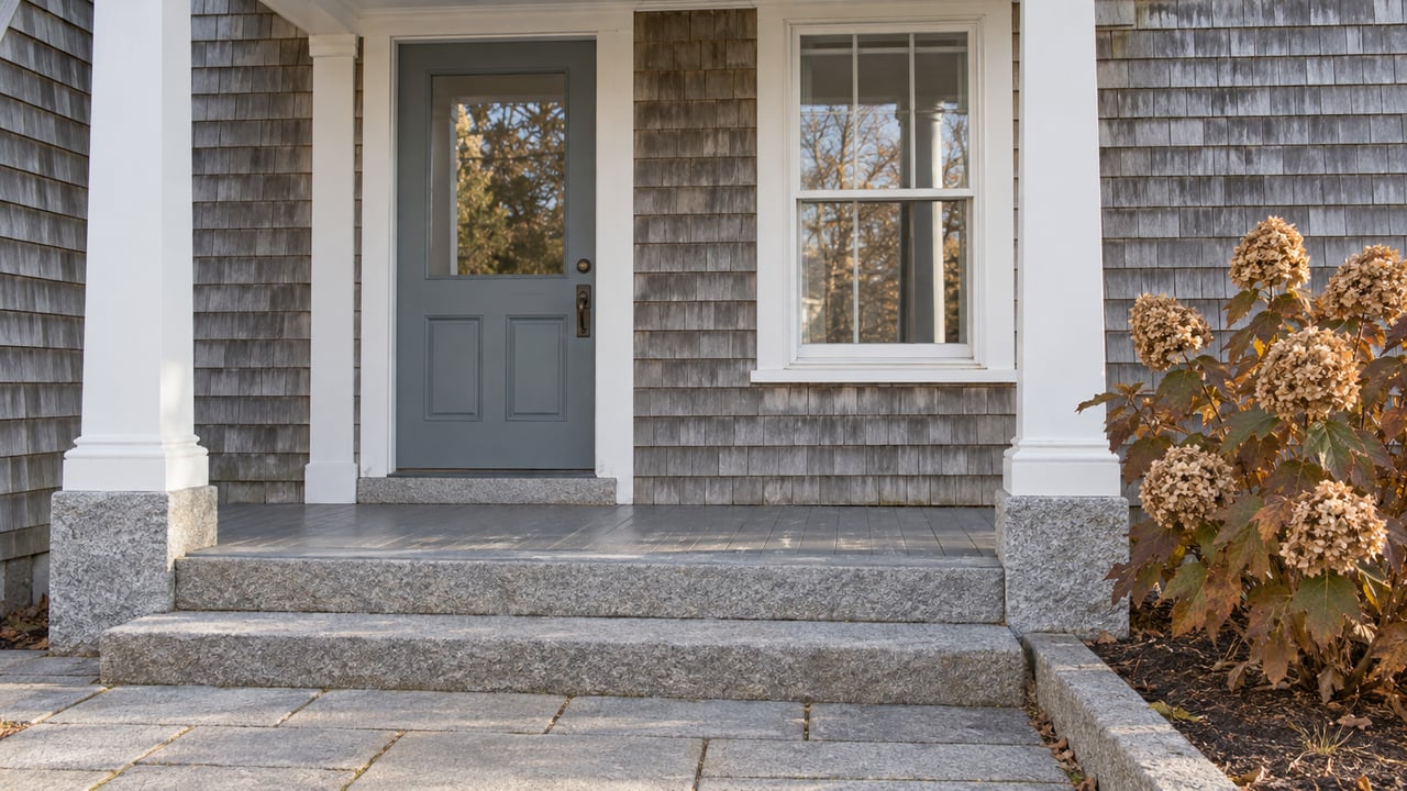 Silver-gray cedar shingles, white porch posts and a blue-gray front door above worn granite steps, with bronze hydrangea leaves beside the entrance.