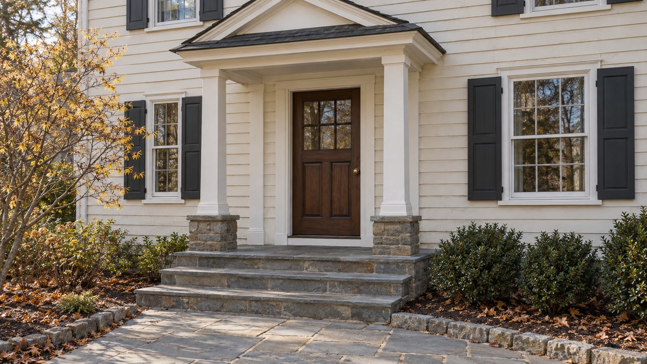 Ivory clapboard home entrance with paired portico posts, dark wood door, bluestone steps and golden witch-hazel leaves.