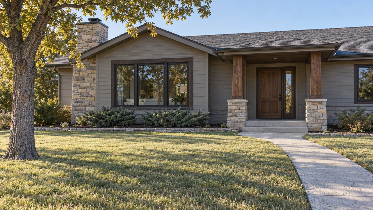 Timber-accented single-story home with a stone chimney, broad front lawn and an oak in morning light.