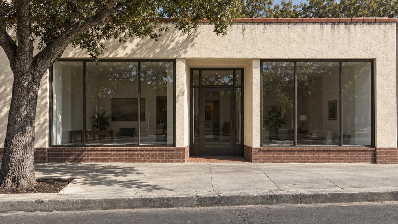 Older ivory-stucco storefront with three glazed openings, red brick base, and an oak tree at the sidewalk.