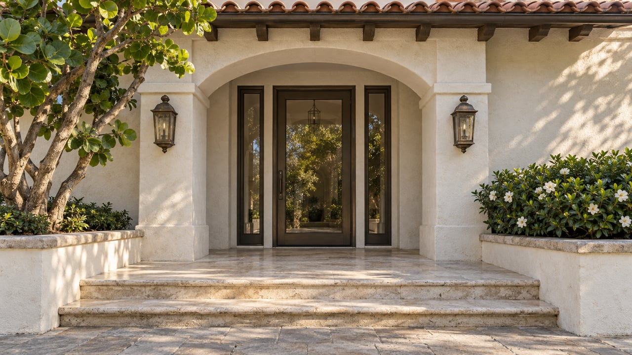 Cream stucco entrance with terracotta roof tiles, bronze-framed glass door, pale stone steps and sculptural sea-grape planting.