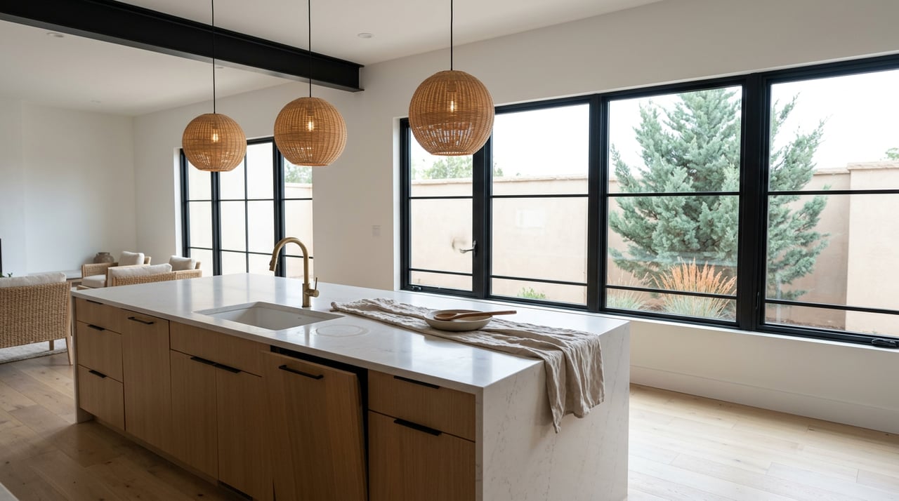 Open-plan kitchen with a pale quartz island, rattan pendants, and a juniper visible through black-framed windows.