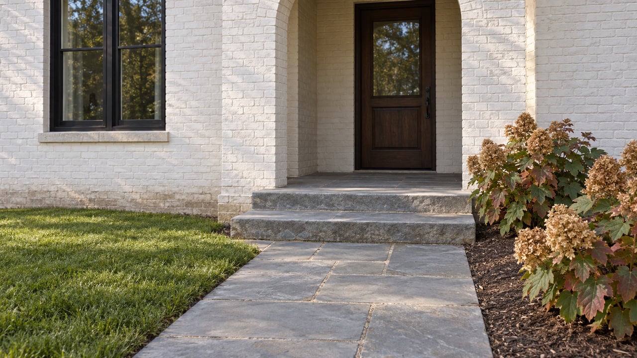 White painted-brick home with an arched recessed oak entrance, black-framed window, bluestone steps, and oakleaf hydrangeas bordering a flagstone approach.