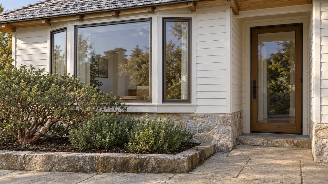 Warm-white timber cottage with bronze-framed bay window, cedar roof, stone foundation and a small manzanita planting beside the entry.