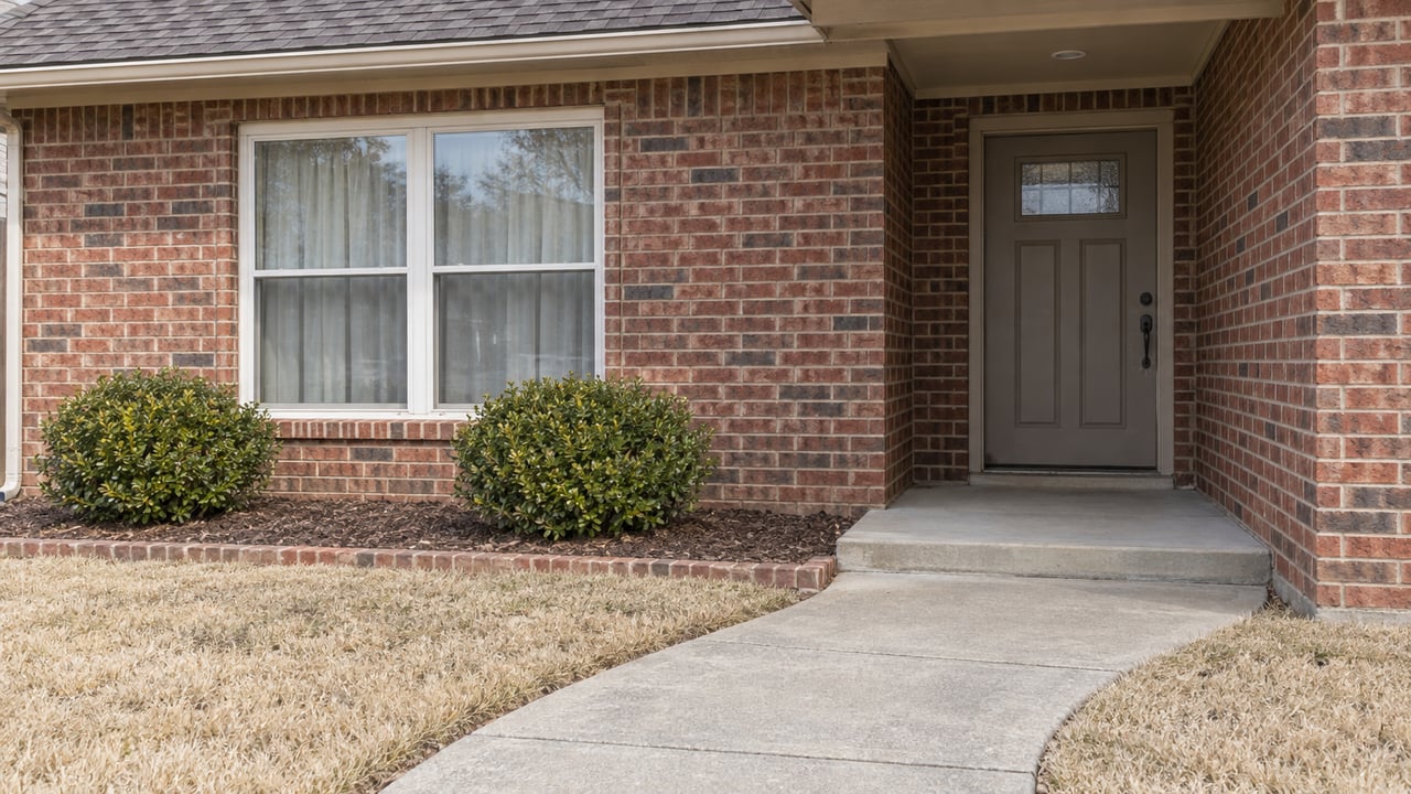 Red-brick home entry with a taupe door, broad window, curved concrete approach and dormant lawn.