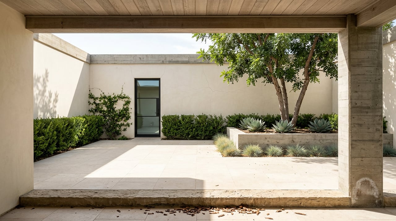 Sunlit limestone courtyard framed by a concrete portico, with agaves, a carob tree, and a black-framed glass door.