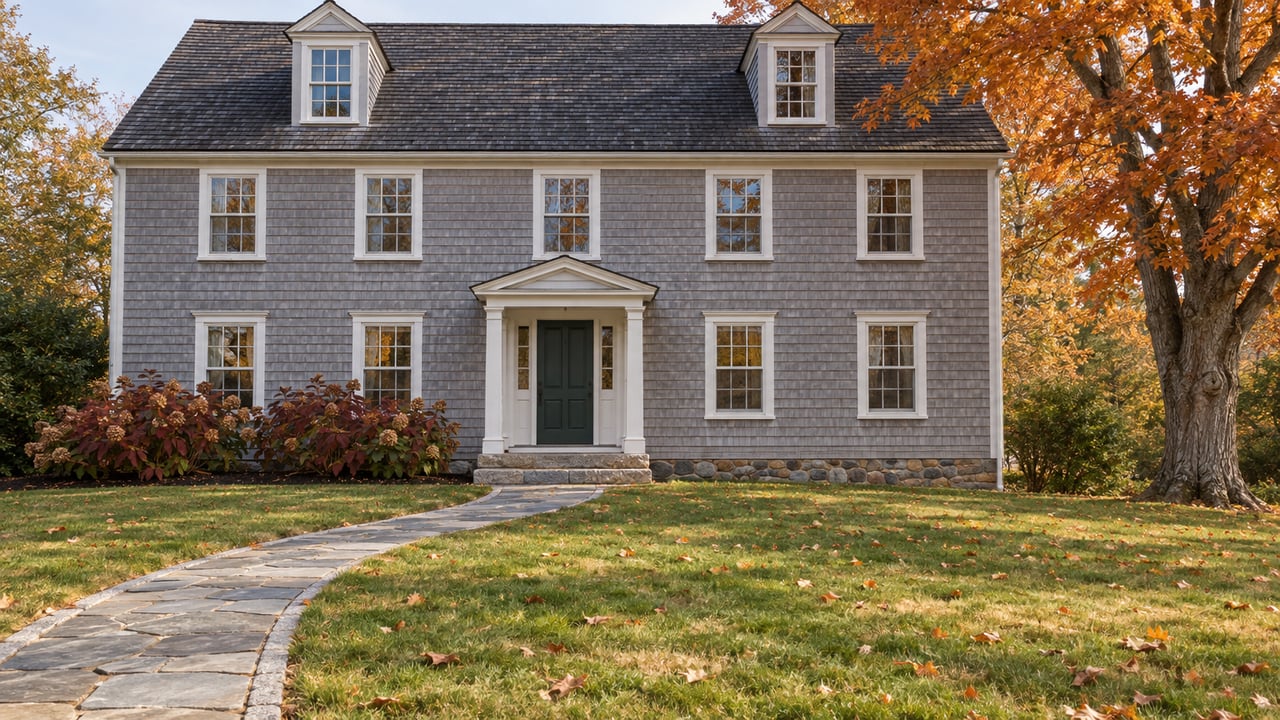 Silver-gray shingled home with white sash windows, a bluestone approach and broad autumn lawn beneath a copper-colored maple.