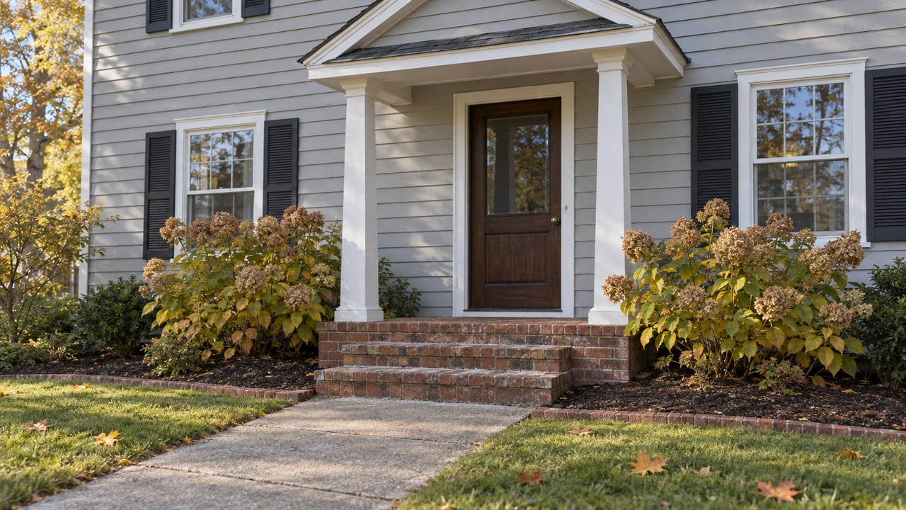 A pale gray traditional home's covered brick entry, framed by shuttered windows and autumn hydrangeas.