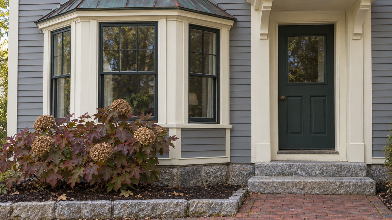 Gray clapboard home with an ivory-trimmed bay window, dark-green entry door, granite steps and burgundy oakleaf hydrangea.