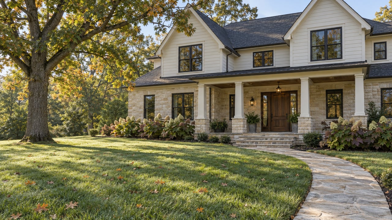 A substantial gabled home with limestone masonry and a deep porch overlooks a broad lawn beside a mature oak.