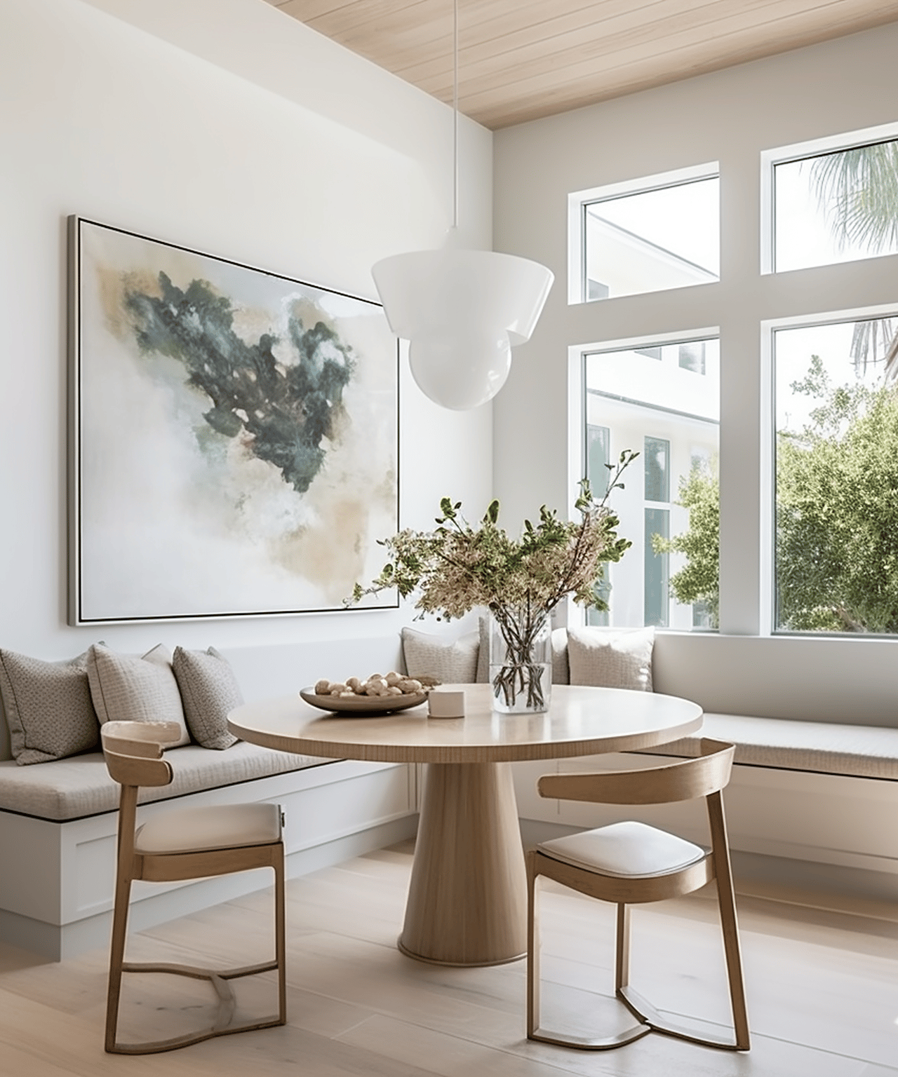 Bright dining nook with a round pedestal table, built-in bench, and large windows.