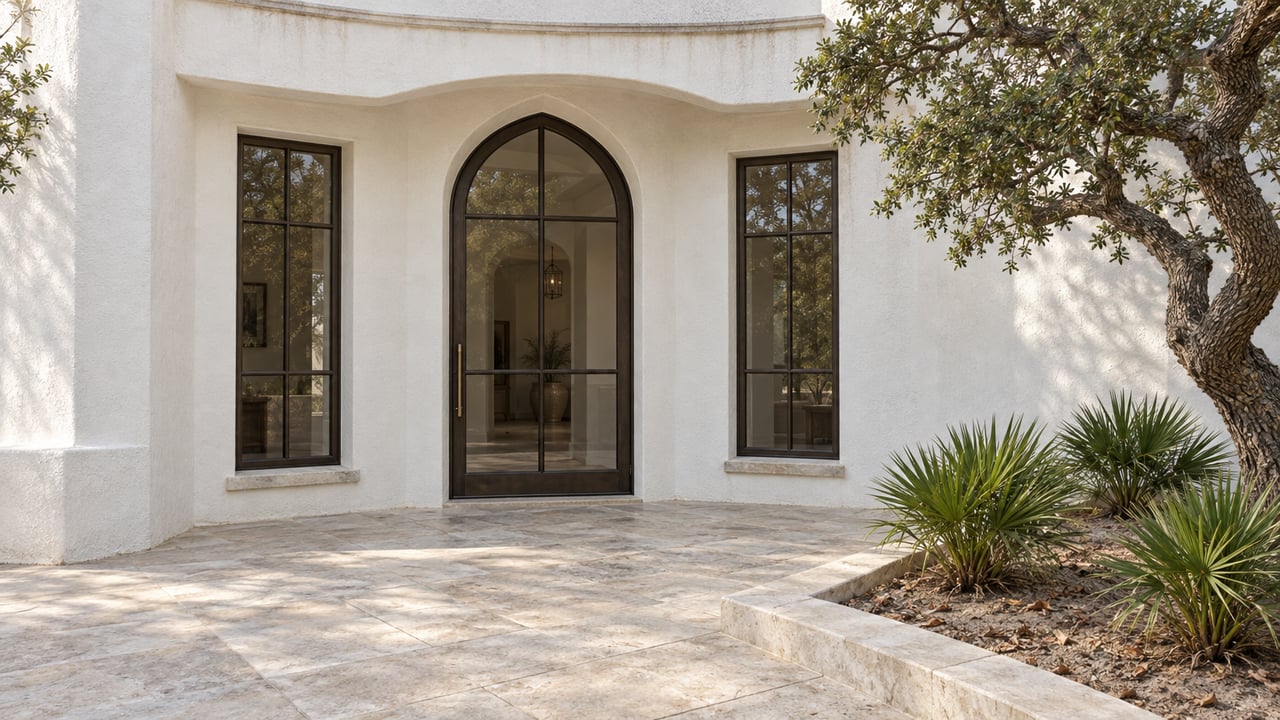 White stucco home with a pointed-arch bronze-framed glass door, paired grid windows, and a limestone terrace beside a sculptural sand live oak.
