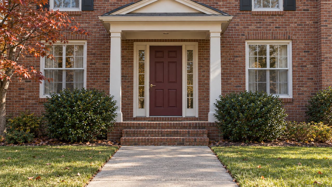 Brick home entry with a burgundy door, paired white porch posts, divided-light windows and autumn dogwood beside a concrete walk.