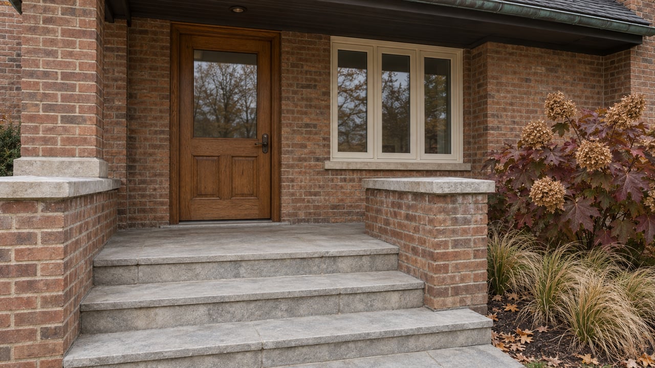 Russet brick home entrance with an oak door, limestone steps and burgundy oakleaf hydrangea in soft autumn light.