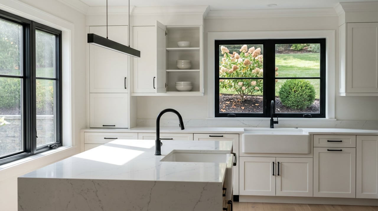White quartz waterfall island and farmhouse sink beneath a black-framed window, with white shaker cabinets and a black pendant.