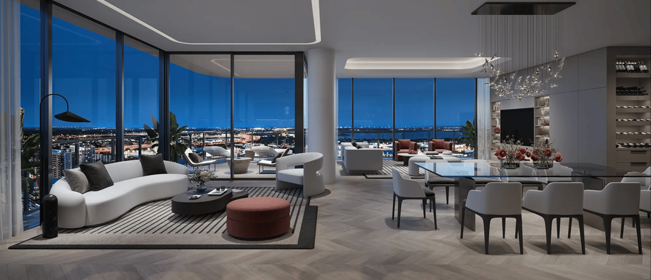 rendering of Penthouse at Hotel Ora Tampa downtown at night with city views