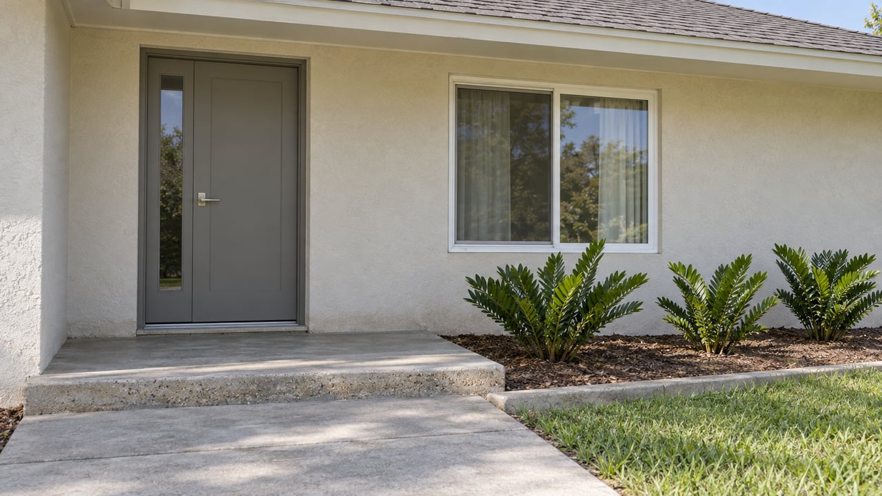 Cream stucco home entry with a gray door, white-framed window, worn concrete step and three coontie plants.