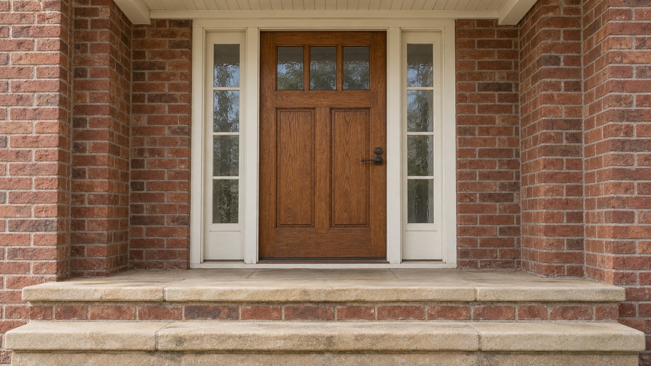 Close view of an oak front door with paired glazed sidelights, red-brown brick and worn buff sandstone entrance steps.