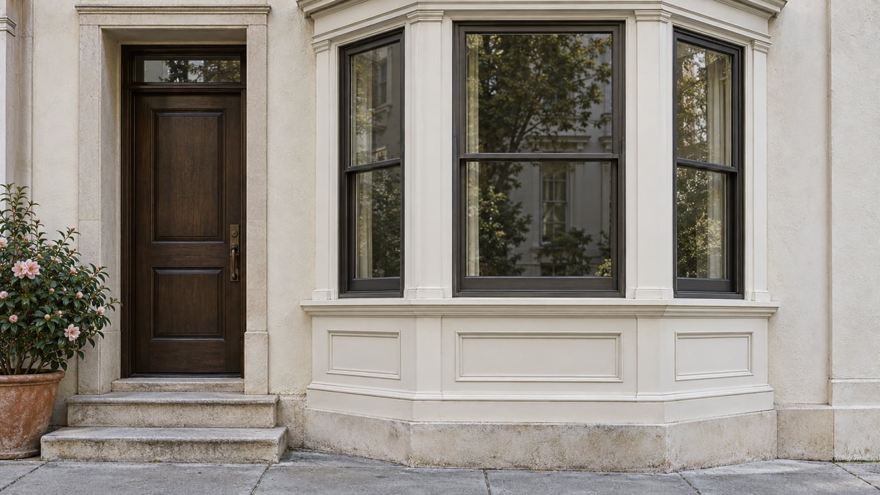 Townhouse facade with a projecting three-sided bay window, recessed oak door, limestone steps, and terracotta camellia pot.