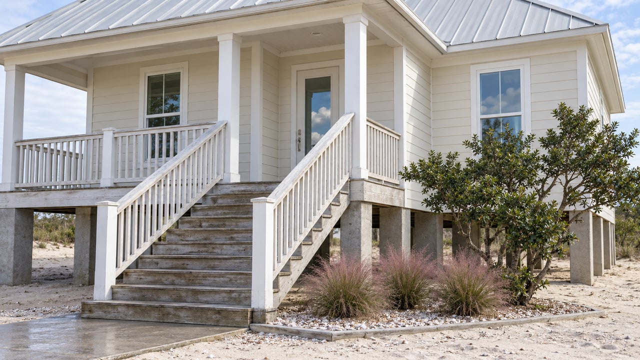 Cream elevated coastal home with a sheltered porch, weathered timber entry stairs and native yaupon and muhly planting.