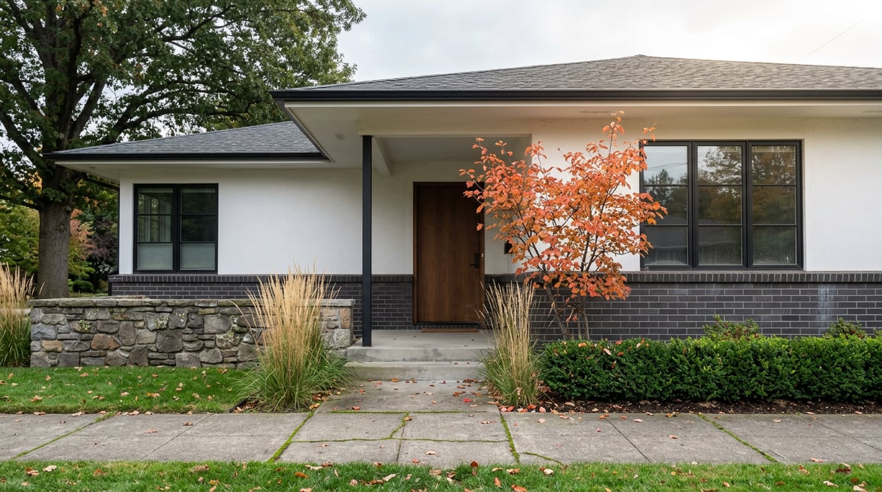White plaster and charcoal brick home with a covered entry, black-framed windows, and orange-red autumn trees.