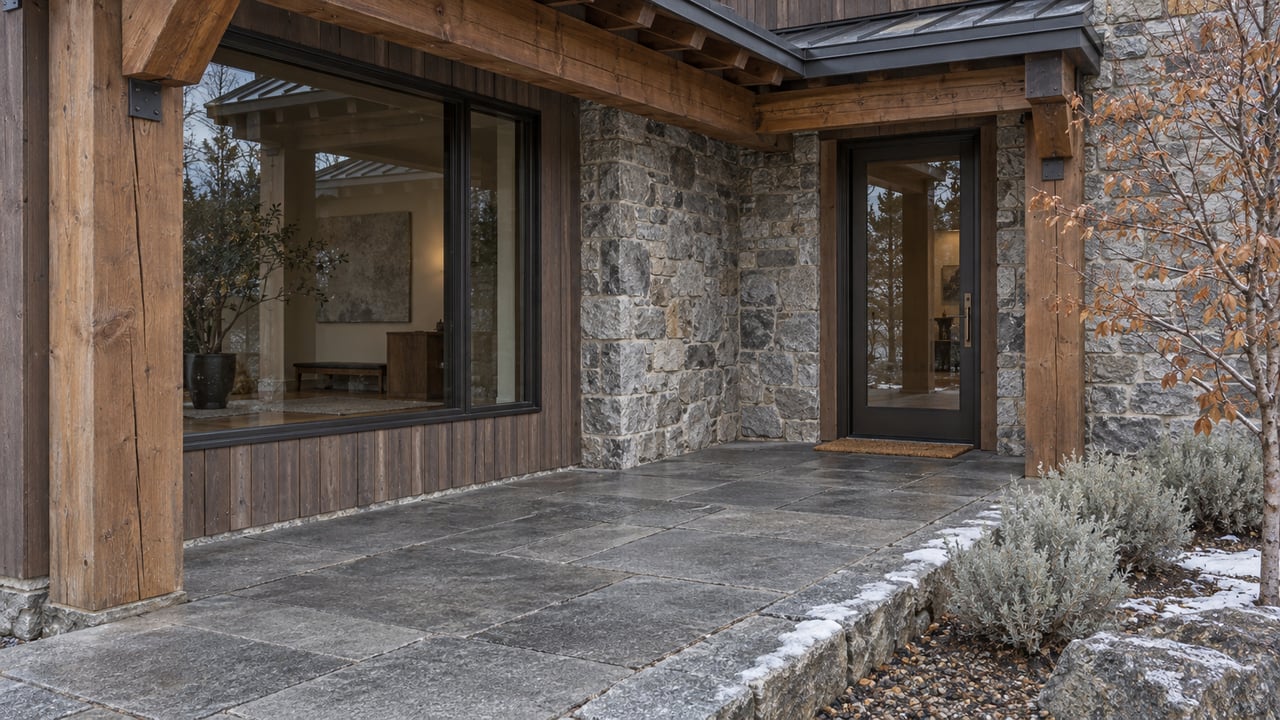 A timber-and-stone home entrance with bronze-framed glass, a broad stone landing, and a trace of snow beside silver sagebrush.