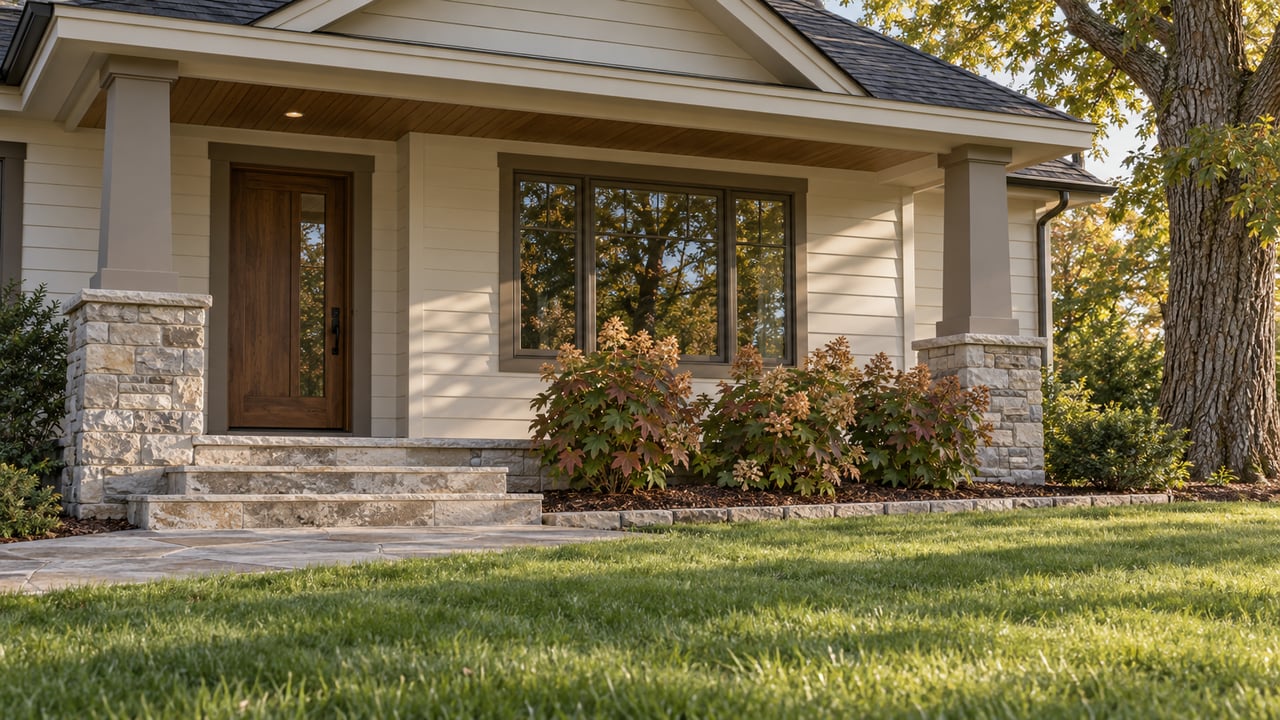 Renovated house porch with ivory lap siding, stone plinths, limestone steps and a walnut entry door beside oakleaf hydrangeas.