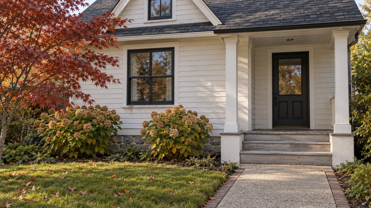 White clapboard home with a sheltered black entry door, fieldstone foundation, and small autumn garden.