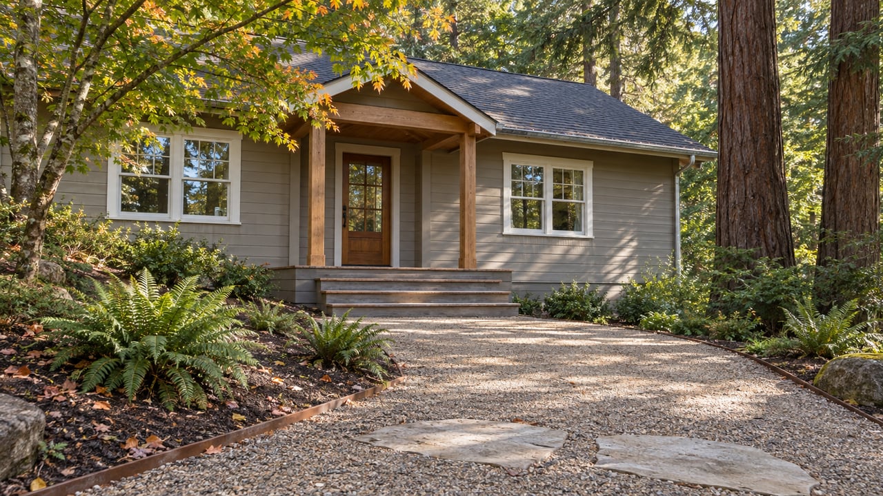 A gray wood-sided home with a covered cedar porch, gravel approach, redwood trunks and an autumn maple.