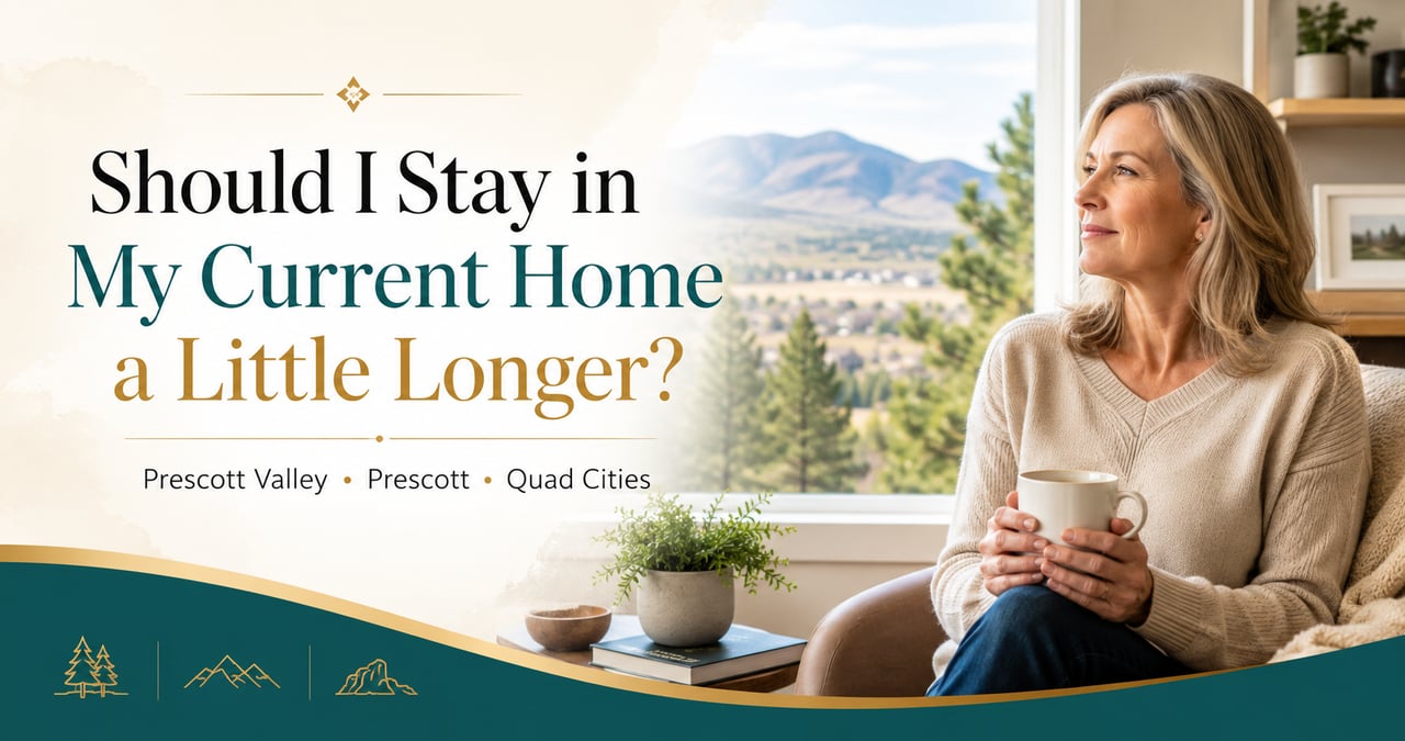 Woman looking out from home in Prescott Valley while deciding whether to stay or sell.