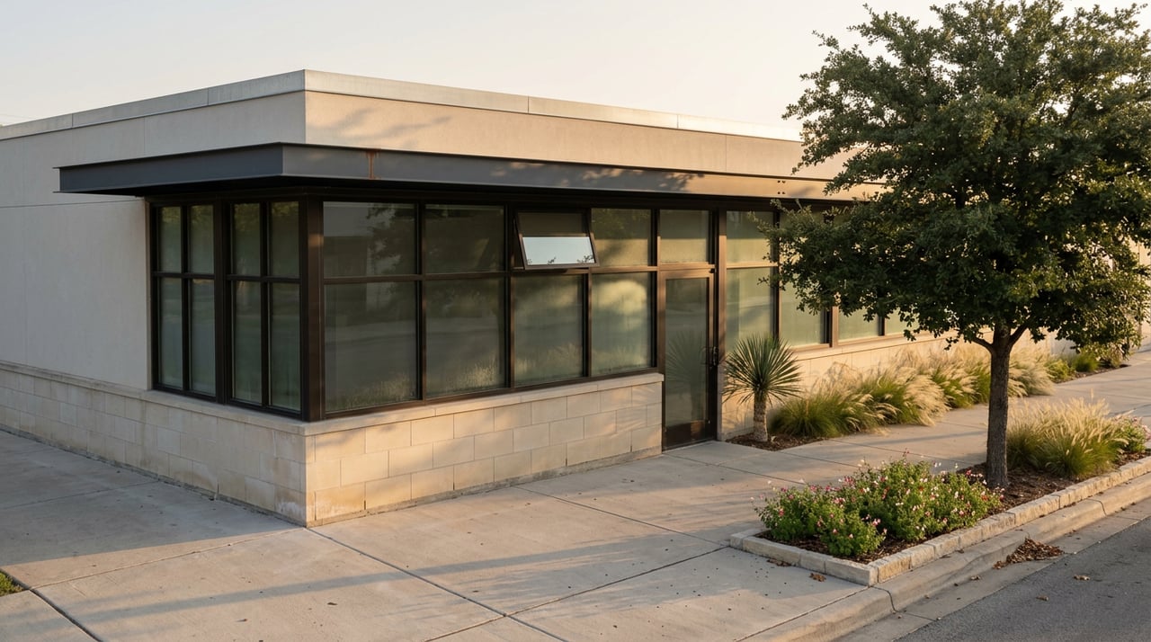 Single-story limestone retail building with a glass-and-steel storefront, shaded by a live oak and lined with flowering plants.