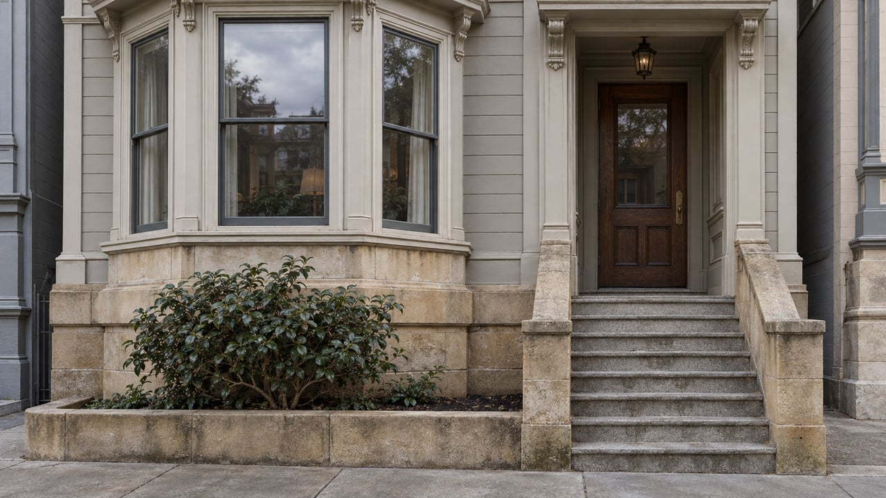 Gray-painted bay windows above a sandstone base, beside worn granite steps leading to a recessed oak entrance.