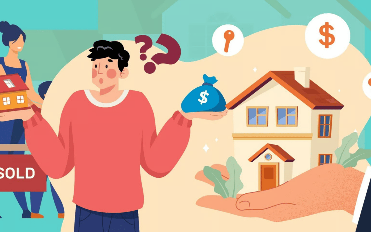 A puzzled man weighs a money bag beside a new house as another home is marked SOLD.