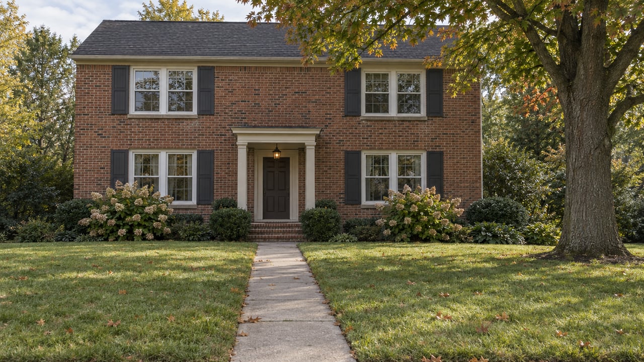Two-story brick house beyond a broad lawn, with a concrete walk and mature oak at the right edge.