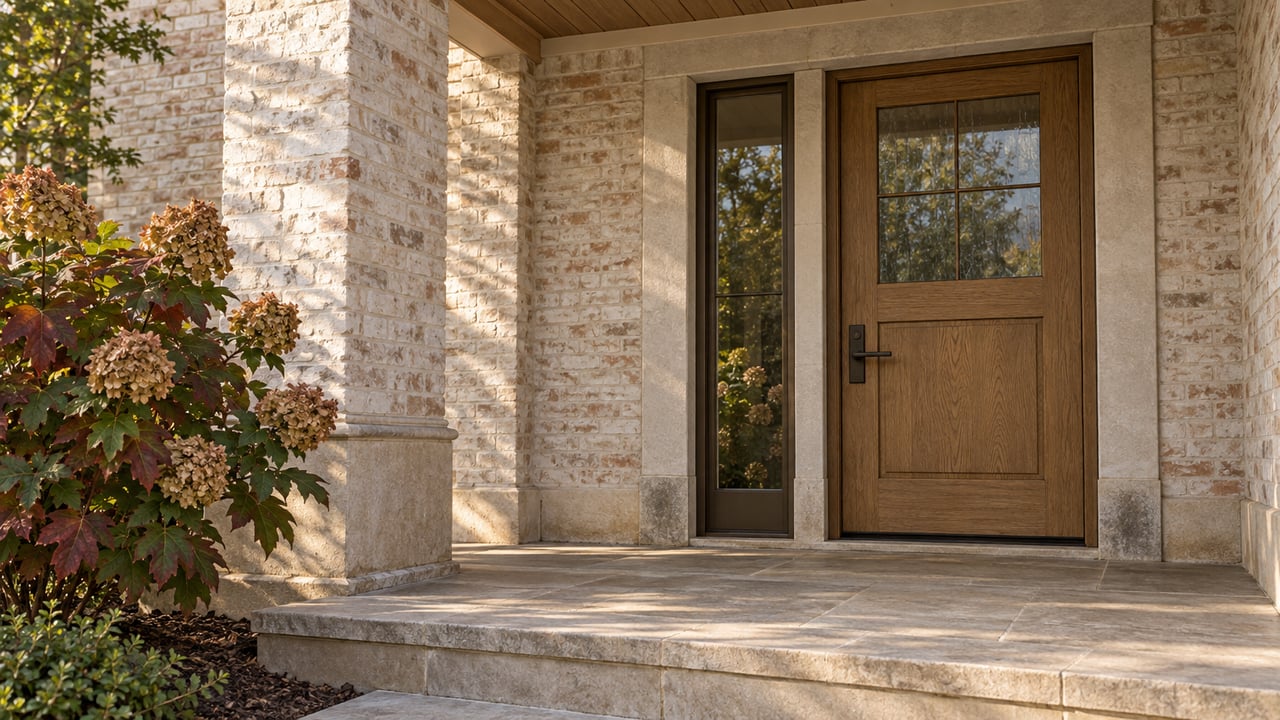 Covered home entry with an oak door, limewashed brick, limestone landing and an oakleaf hydrangea.