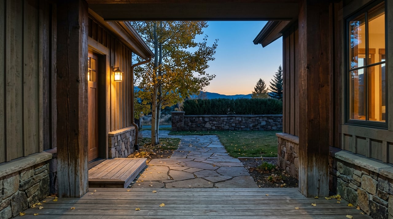Timber-framed porch overlooking a flagstone walk, golden aspen, and a low stone wall at dusk.