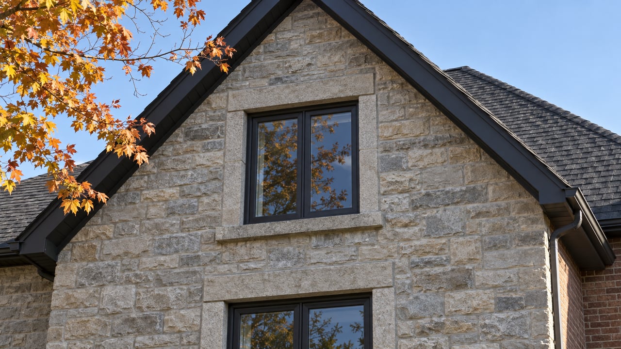 Autumn maple leaves beside a steep charcoal roof and limestone facade with black-framed windows.