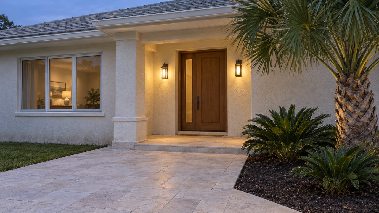 An ivory stucco home’s covered entry at dusk, with warm sconces, a broad window, pale paving and a sculptural palm beside coontie plants.